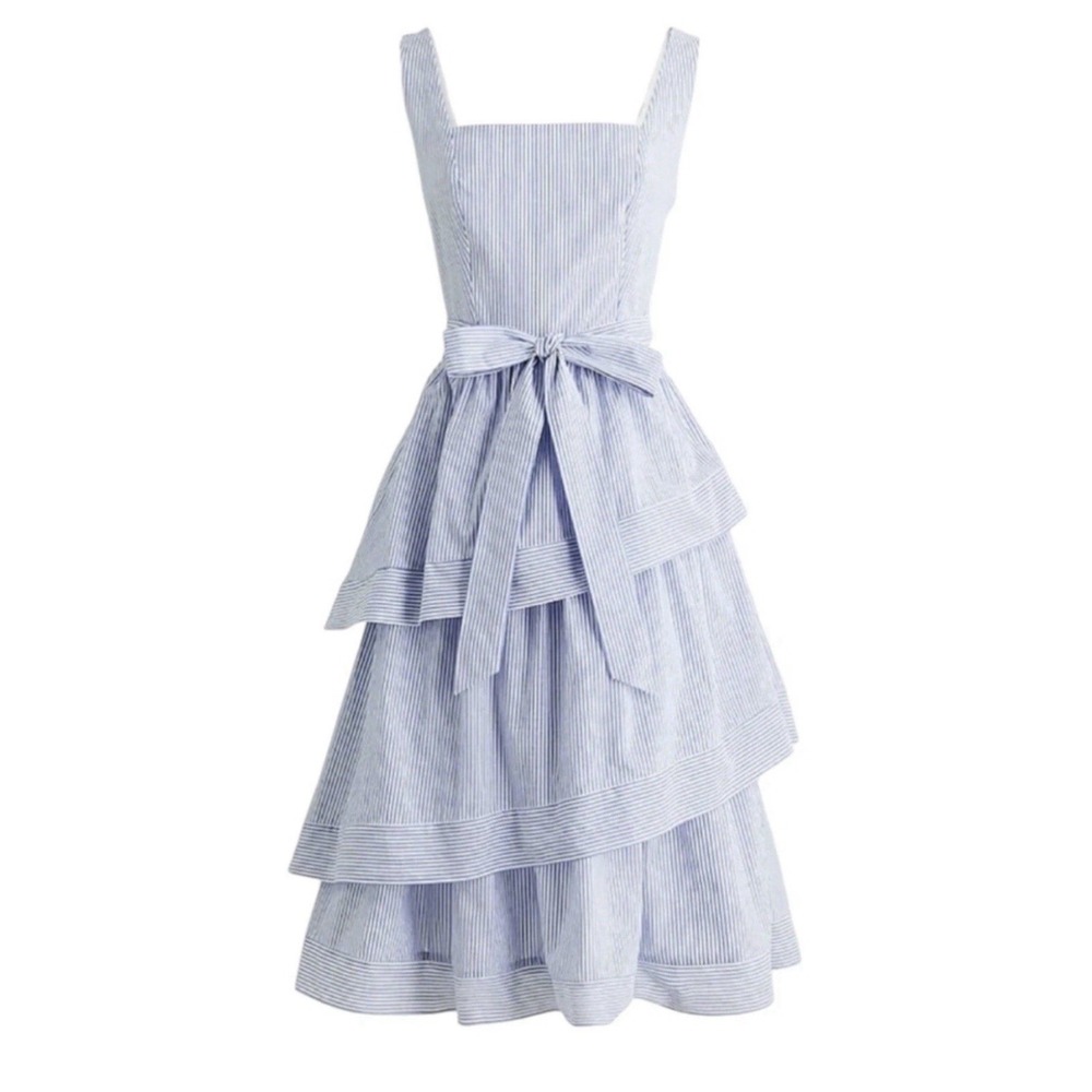 J. Crew Blue/White Striped Tiered Ruffle Midi Dress Size 6 Cotton Coastal Beach - Picture 4 of 12